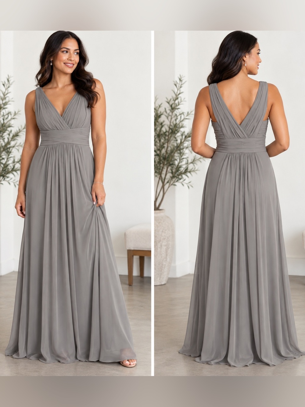 Monique Lhuillier Rebecca Gray Chiffon Bridesmaid Maxi Gown Size 2